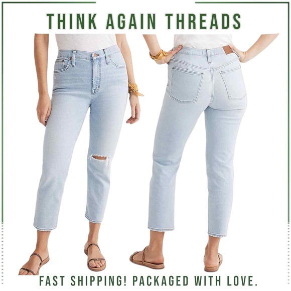 Madewell Mid Rise Classic Straight Jeans Knee-Rip Edition Light Wash Size 23 - Picture 1 of 12